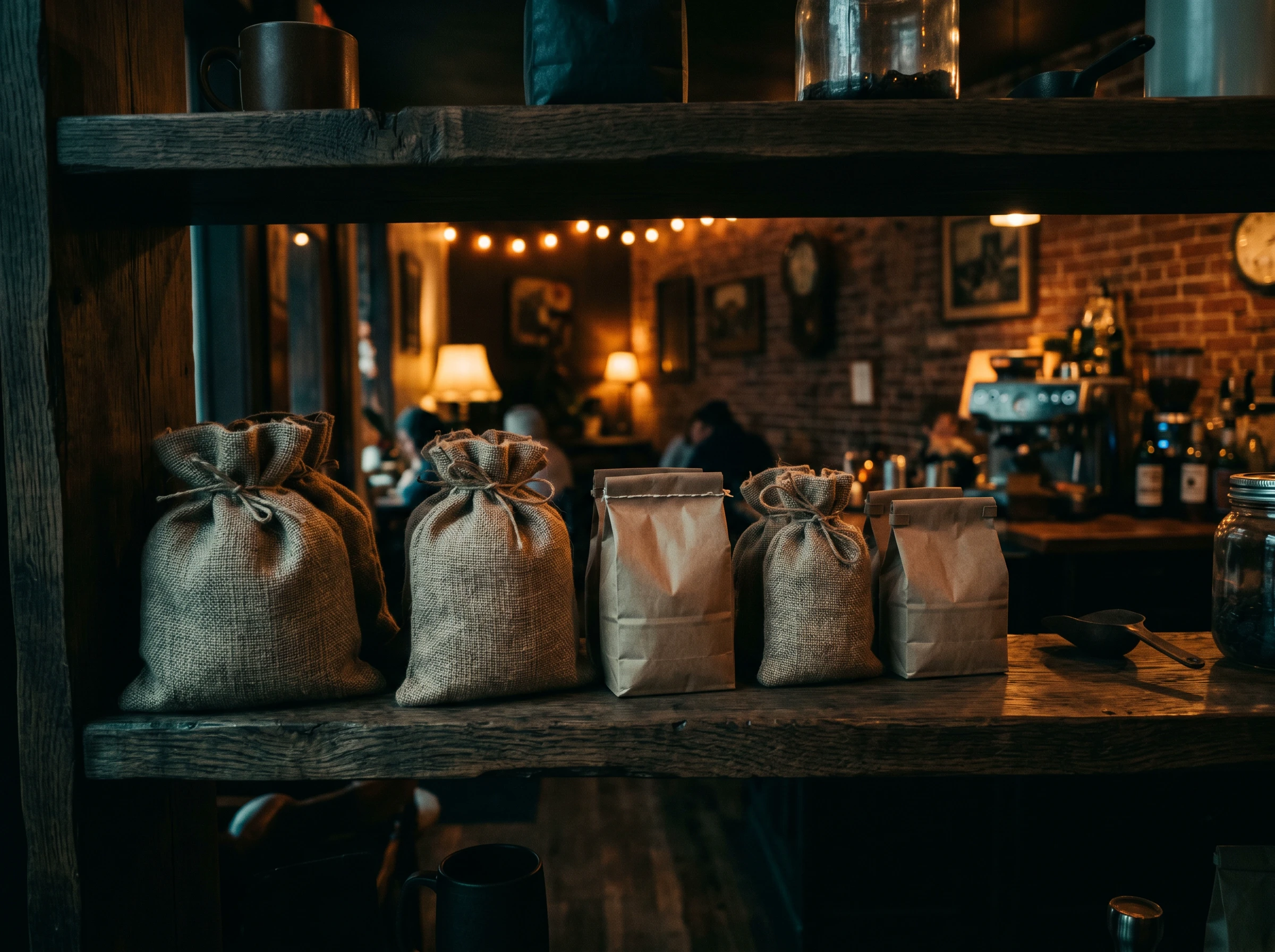 Bags of small-batch roasted beans on a dark shelf