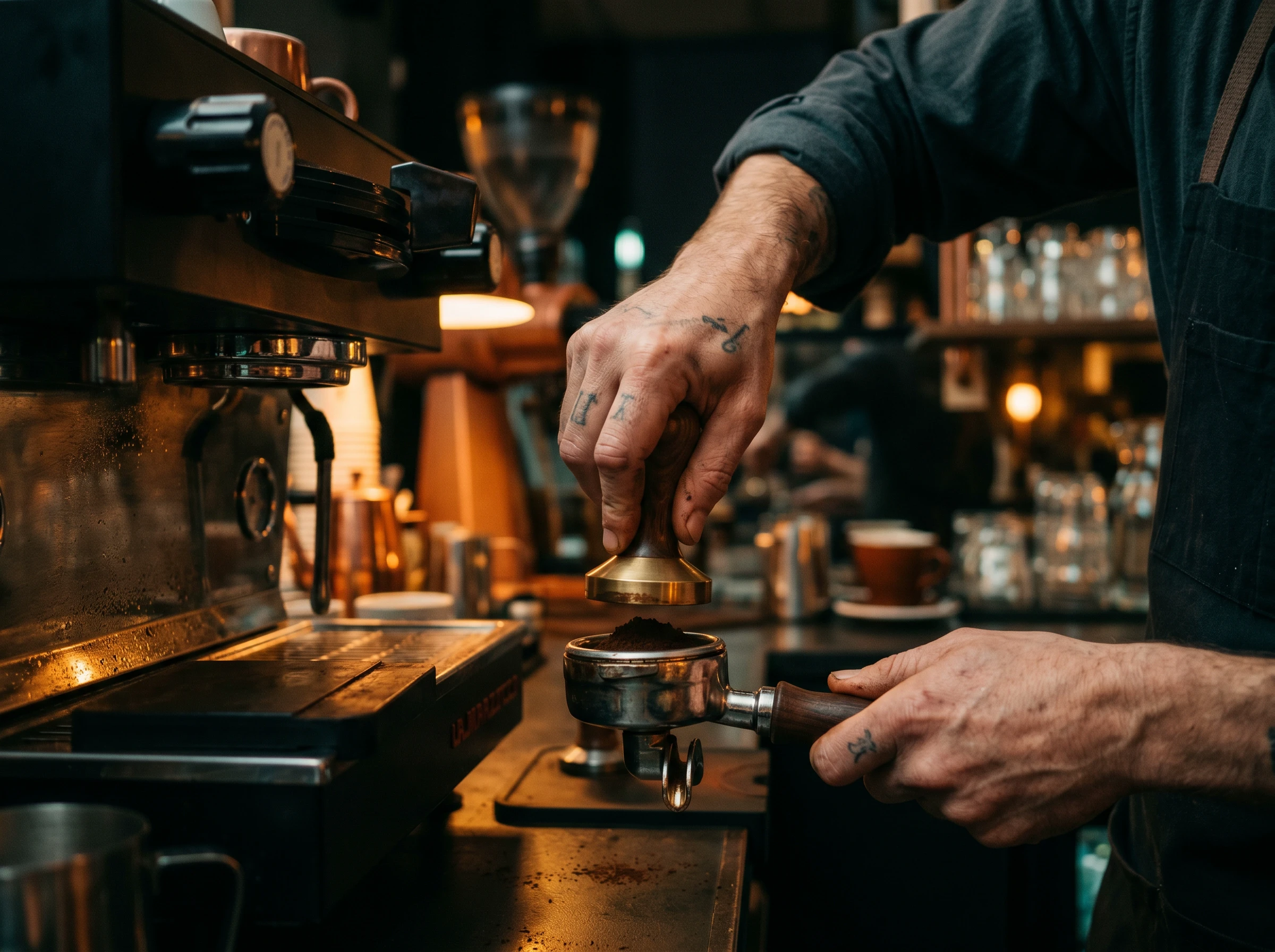 Barista hands tamping fresh grounds into a portafilter