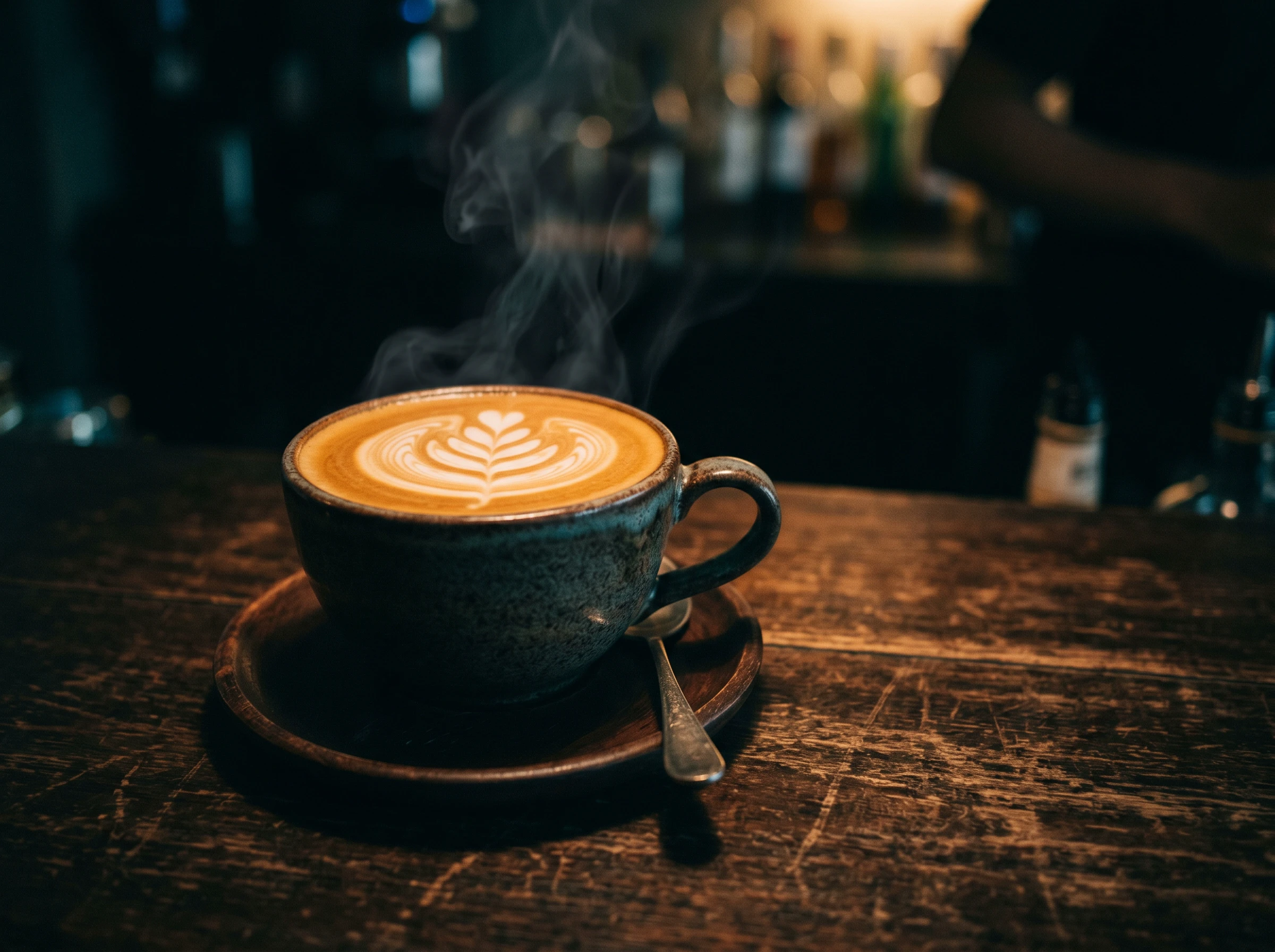 A latte with latte art on a dark counter